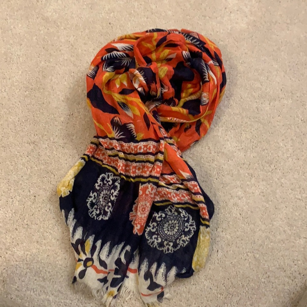 J. Crew Orange Navy Floral Border Print Scarf